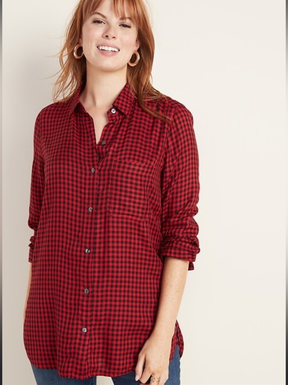 Old Navy Buffalo Plaid Drapey Flannel Tunic Shirt Sz M Button Front Long Sleeve